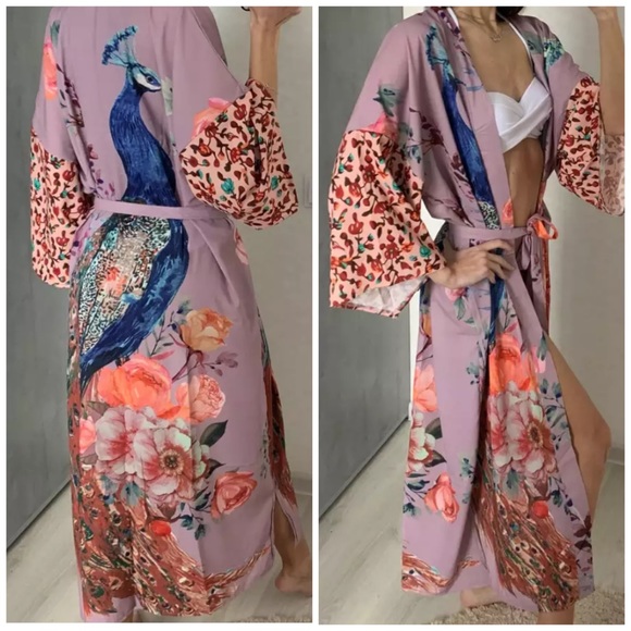 New Bohemian Floral Peacock Kimono Duster Jacket Robe Swim Cover Up - Picture 4 of 5